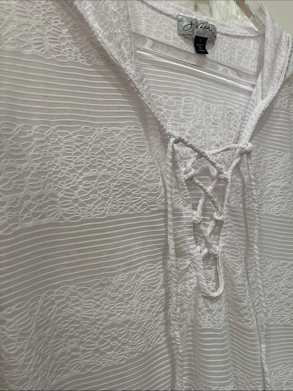 White Lace-Detail Hooded Swim Cover-Up 1/4 Sleeve 30” L S:S - Picture 3 of 5